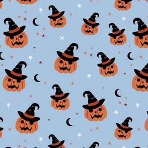 New moon & stars pumpkins and witches hat halloween boho design kids blue orange