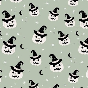 New moon & stars pumpkins and witches hat halloween boho design kids neutral sage green white black