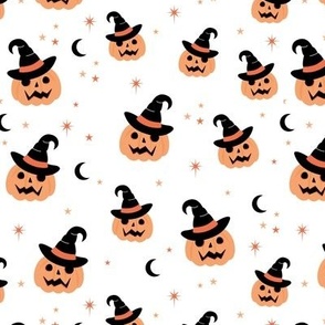 New moon & stars pumpkins and witches hat halloween boho design kids neutral vintage orange black on white
