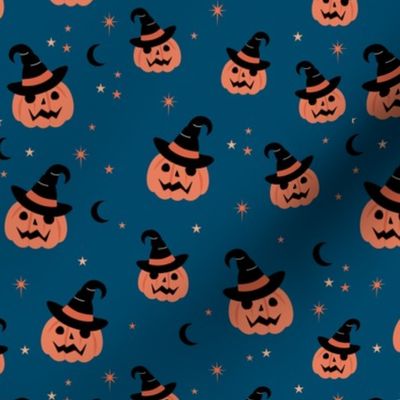 New moon & stars pumpkins and witches hat halloween boho design kids neutral orange navy blue
