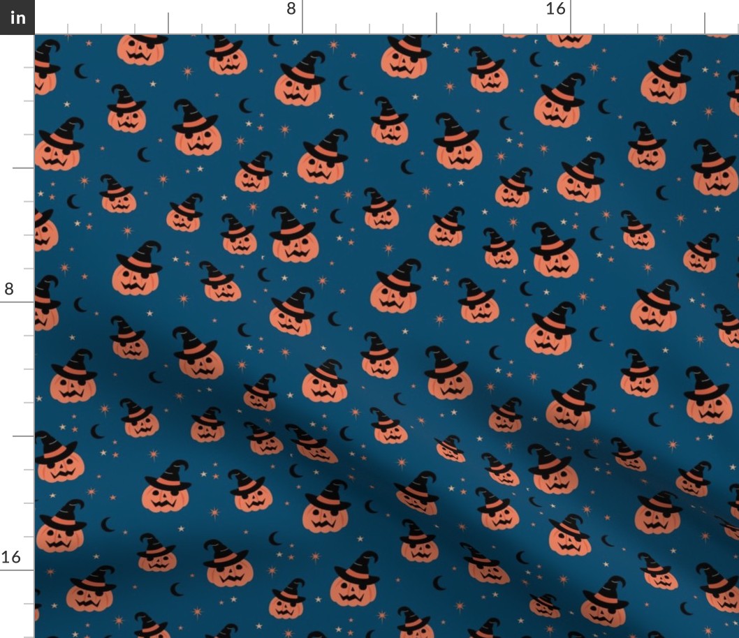 New moon & stars pumpkins and witches hat halloween boho design kids neutral orange navy blue