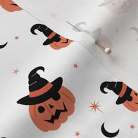 New moon & stars pumpkins and witches hat halloween boho design kids neutral vintage orange on white