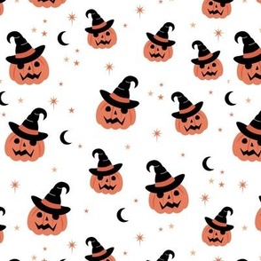 New moon & stars pumpkins and witches hat halloween boho design kids neutral vintage orange on white