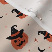 New moon & stars pumpkins and witches hat halloween boho design kids neutral vintage orange on tan beige