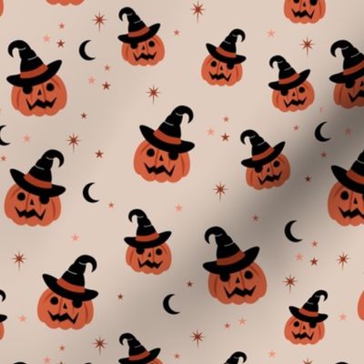 New moon & stars pumpkins and witches hat halloween boho design kids neutral vintage orange on tan beige