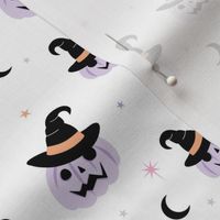 New moon & stars pumpkins and witches hat halloween boho design kids lilac nineties retro orange on white