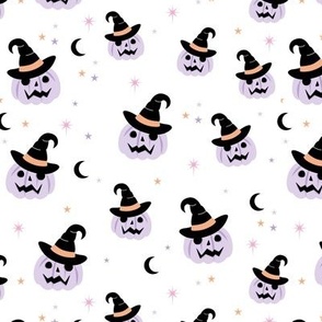 New moon & stars pumpkins and witches hat halloween boho design kids lilac nineties retro orange on white