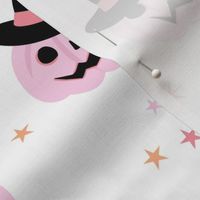 New moon & stars pumpkins and witches hat halloween boho design kids pink orange on white LARGE
