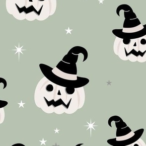 New moon & stars pumpkins and witches hat halloween boho design kids neutral sage green white black LARGE