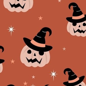 New moon & stars pumpkins and witches hat halloween boho design kids neutral vintage red orange blush LARGE