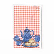 Graniteware Fika tea towel on salmon red sideways