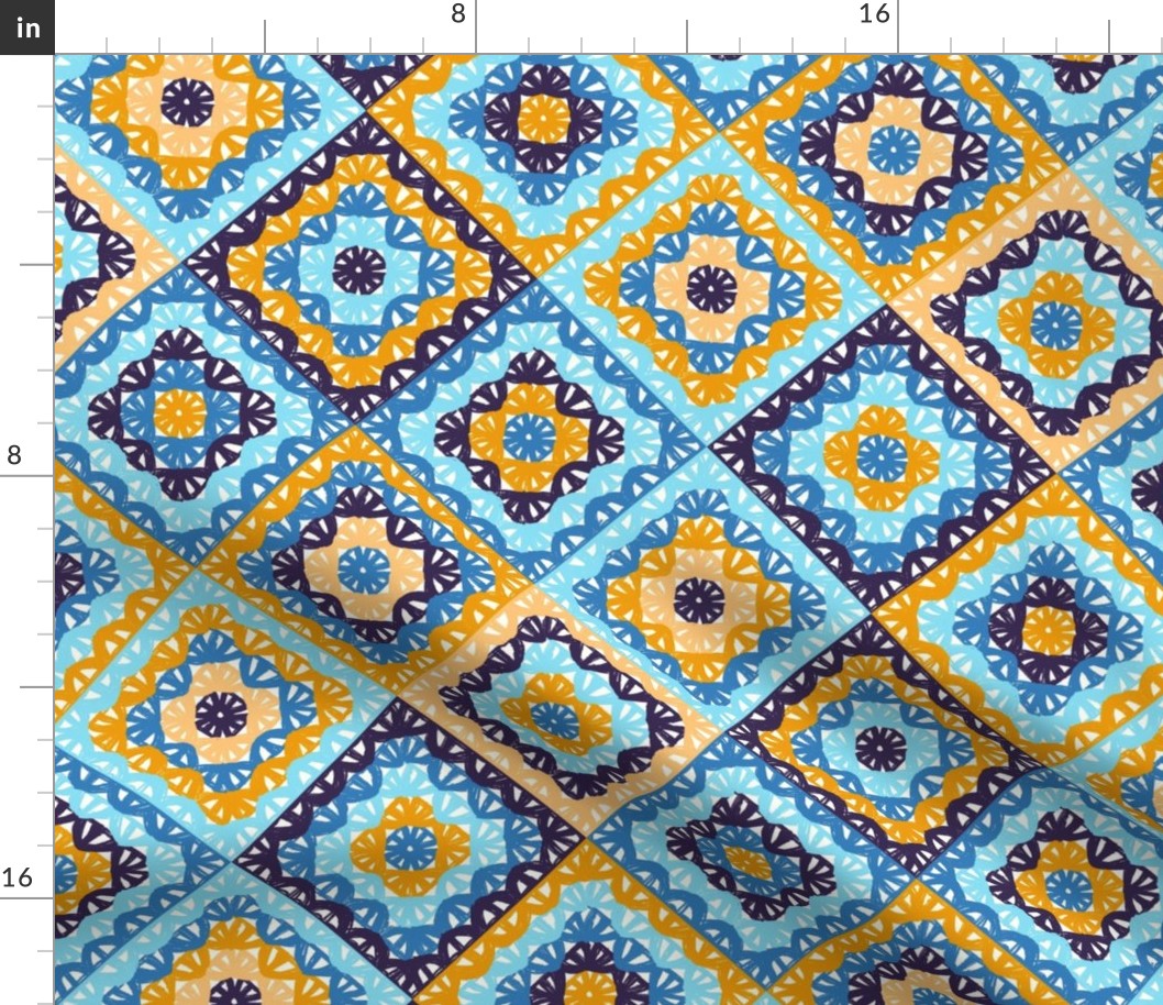 Granny’s square diagonal knit blue yellow
