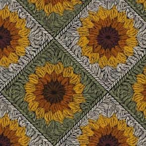 Crochet sunflowers field  on green and white granny squares afghan sunburst