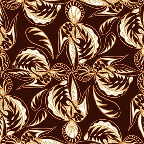 Handdrawn brocade effect leaves in gold and cream on brown 12” repeat