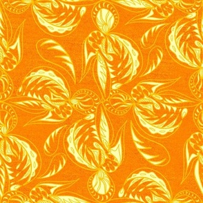 Gold effect handdrawn botanical leaves textured on tangerine orange and yellow 12” repeat