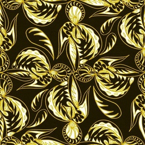 Gold, black and cream leaves on brocade effect medium 12” repeat