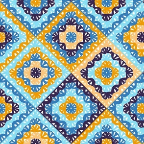 Granny’s square diagonal knit blue yellow Large
