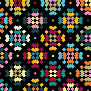 crochet granny squares on black - bohemian colors - handmade texture fabric and wallpaper