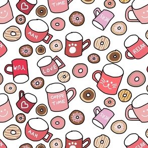 Pink Coffee Cups and Donuts With Words