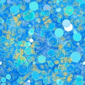 Bubbles In Flux Stained Texture - L - Blue Turquoise Aqua Golden Yellow Denim - Circles - Textured - 3H-Art - Modern Geometric Pattern