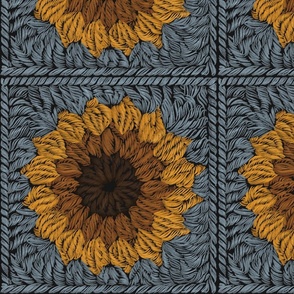 Crochet granny square sunflowers on blue