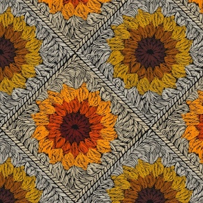 Crochet sunflowers granny squares afghan natural and vivid on white