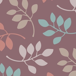 LITTLE LEAVES Scattered Botanical Autumn Leaf in Cozy Pastel Blue Beige Plum Gray on Burgundy - LARGE Scale - UnBlink Studio by Jackie Tahara