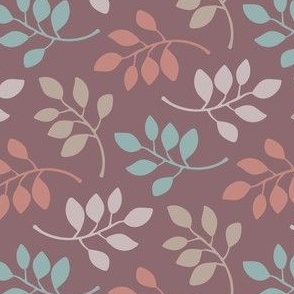 LITTLE LEAVES Scattered Botanical Autumn Leaf in Cozy Pastel Blue Beige Plum Gray on Burgundy - TINY Scale - UnBlink Studio by Jackie Tahara