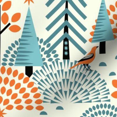 Scandi Bird Sanctuary / Folk Art / Geometric / Autumn / Trees Forest / Teal Orange / Large