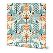 Scandi Bird Sanctuary-Folk Art-Geometric-Autumn-Trees-Teal Orange-Large