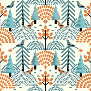 Scandi Bird Sanctuary / Autumn / Folk Art / Geometric / Teal Orange / Medium