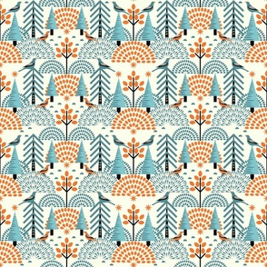 Scandi Bird Sanctuary / Autumn / Folk Art / Geometric / Trees Forest / Teal Orange / Medium