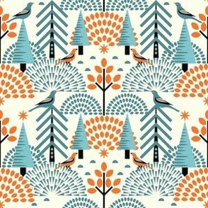 Scandi Bird Sanctuary / Autumn / Folk Art / Geometric / Teal  Orange / Small