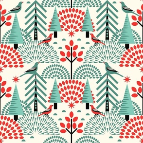 Scandi Bird Sanctuary / Christmas / Folk Art / Geometric / Trees Forest / Green Red / Large