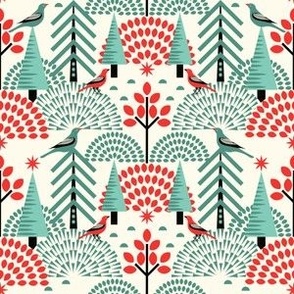 Scandi Bird Sanctuary / Christmas / Folk Art / Geometric / Green Red / Small