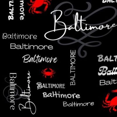 Baltimore Repeat Word Pattern with Red Crabs on Black Background
