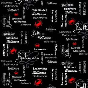 Baltimore Repeat Word Pattern with Red Crabs on Black Background