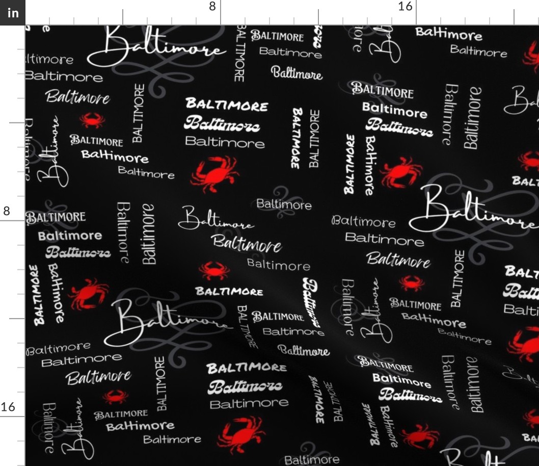 Baltimore Repeat Word Pattern with Red Crabs on Black Background