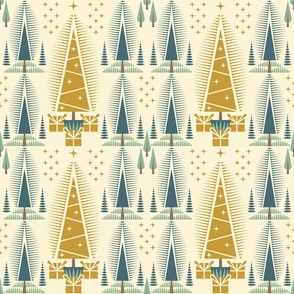 Trees, Christmas / Geometric / Folk Art / Block Print / Trees Forest / Pine Gold / Medium