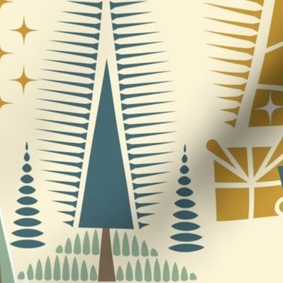 Trees, Christmas / Geometric / Folk Art / Block Print / Trees Presents / Gold Pine / Large