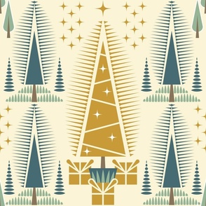Trees, Christmas / Geometric / Folk Art / Block Print / Trees Presents / Gold Pine / Large