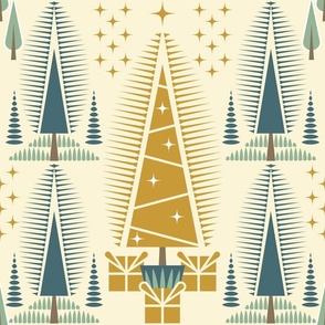 Trees, Christmas / Geometric / Folk Art / Block Print / Gold Pine / Large