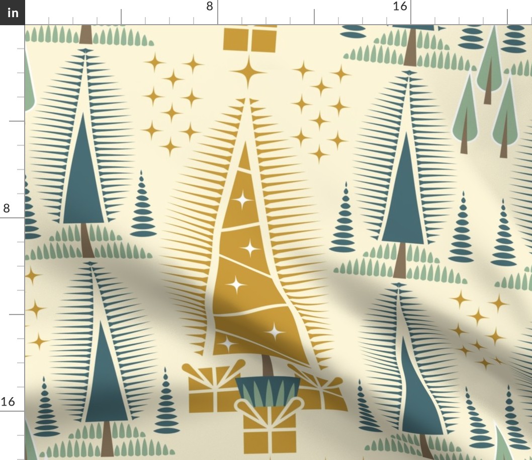 Trees, Christmas / Geometric / Folk Art / Block Print / Trees Presents / Gold Pine / Large