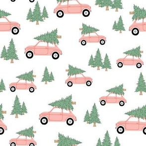 Cars with Christmas Trees - Pink on White, Medium Scale