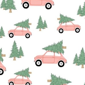 Cars with Christmas Trees - Pink on White, Large Scale