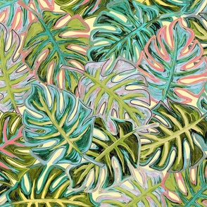 tropical leaves in vintage pastels