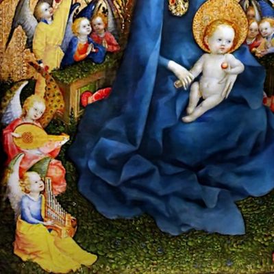 33 garden crown gold halo Jesus Christ Virgin Mary Christianity Catholic religious mother Madonna child baby crown floral flowers cherubs angels God Holy Spirit Dove children musicians mandolin Lute Guitar Harps Organ blue wings apples beautiful roses Lil