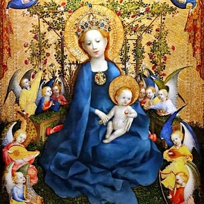 33 garden crown gold halo Jesus Christ Virgin Mary Christianity Catholic religious mother Madonna child baby crown floral flowers cherubs angels God Holy Spirit Dove children musicians mandolin Lute Guitar Harps Organ blue wings apples beautiful roses Lil