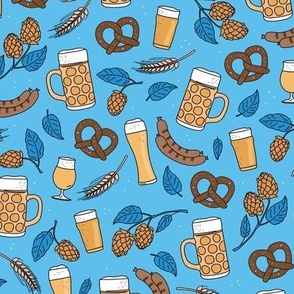 Bavarian blue beer glasses sausages and pretzels traditional german food and drinks oktoberfest theme yellow blue on bavarian blue