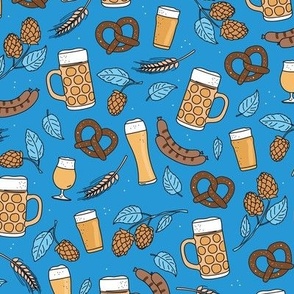 Bavarian blue beer glasses sausages and pretzels traditional german food and drinks oktoberfest theme yellow blue on munich blue